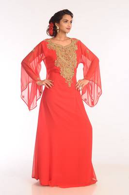 Red Embroidered Georgette Islamic Kaftans With Zari Work 4
