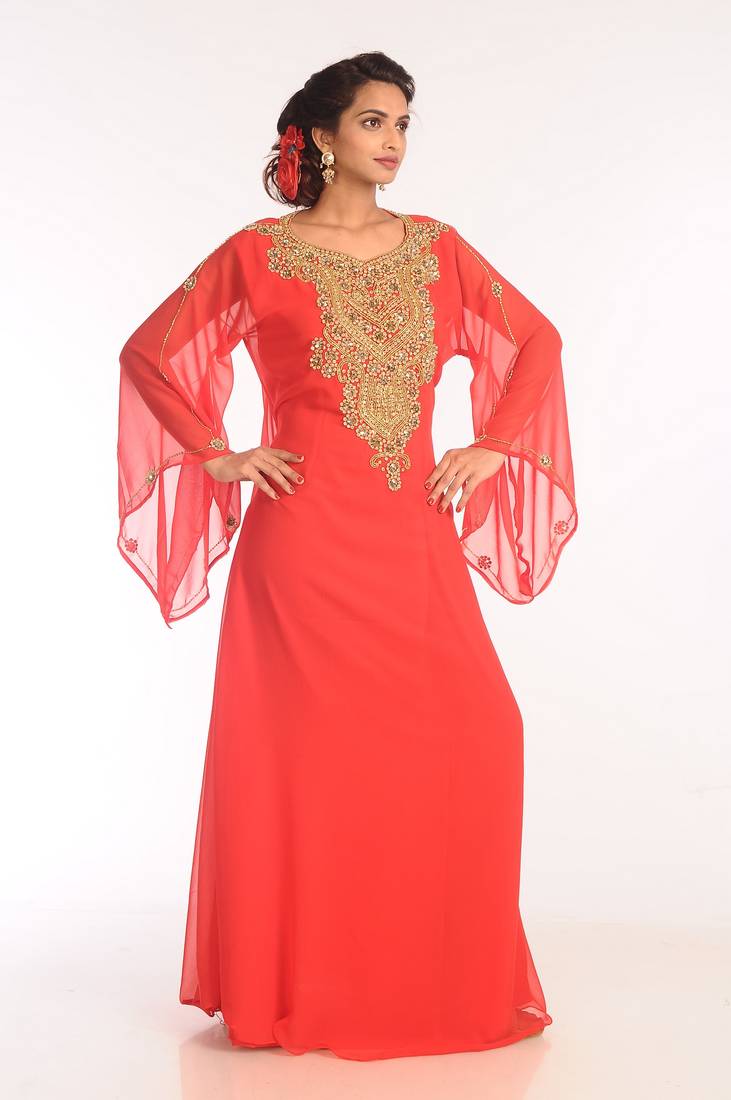 Red Embroidered Georgette Islamic Kaftans With Zari Work