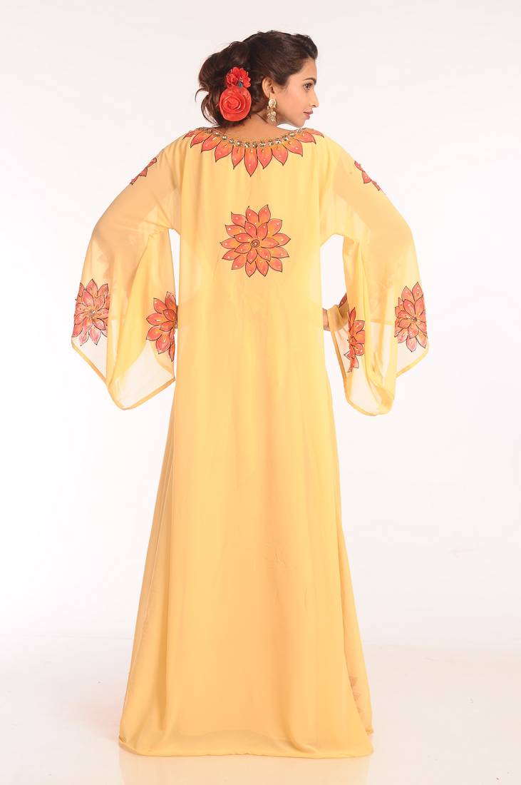 Yellow Embroidered Georgette Islamic Kaftans With Zari Work