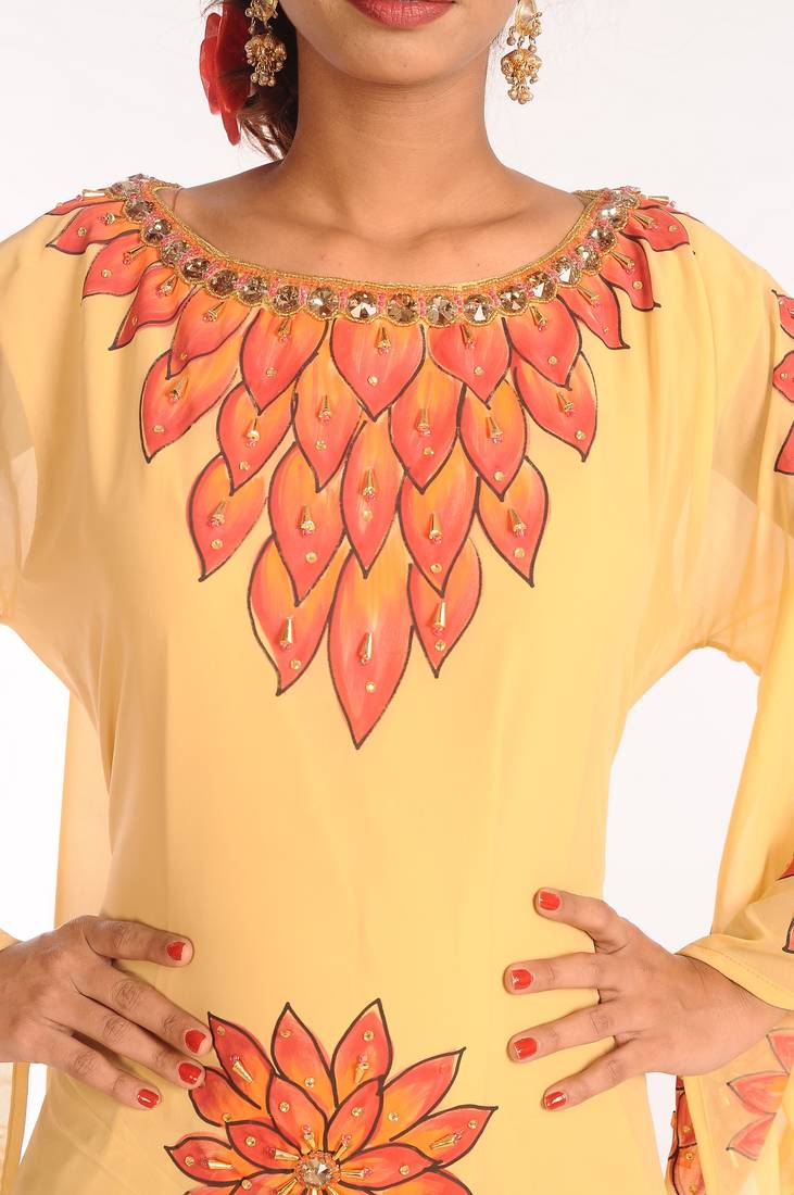 Yellow Embroidered Georgette Islamic Kaftans With Zari Work