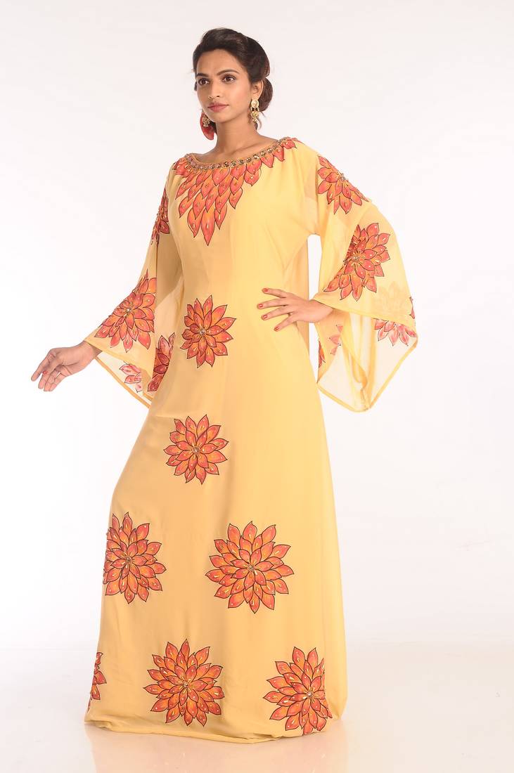Yellow Embroidered Georgette Islamic Kaftans With Zari Work