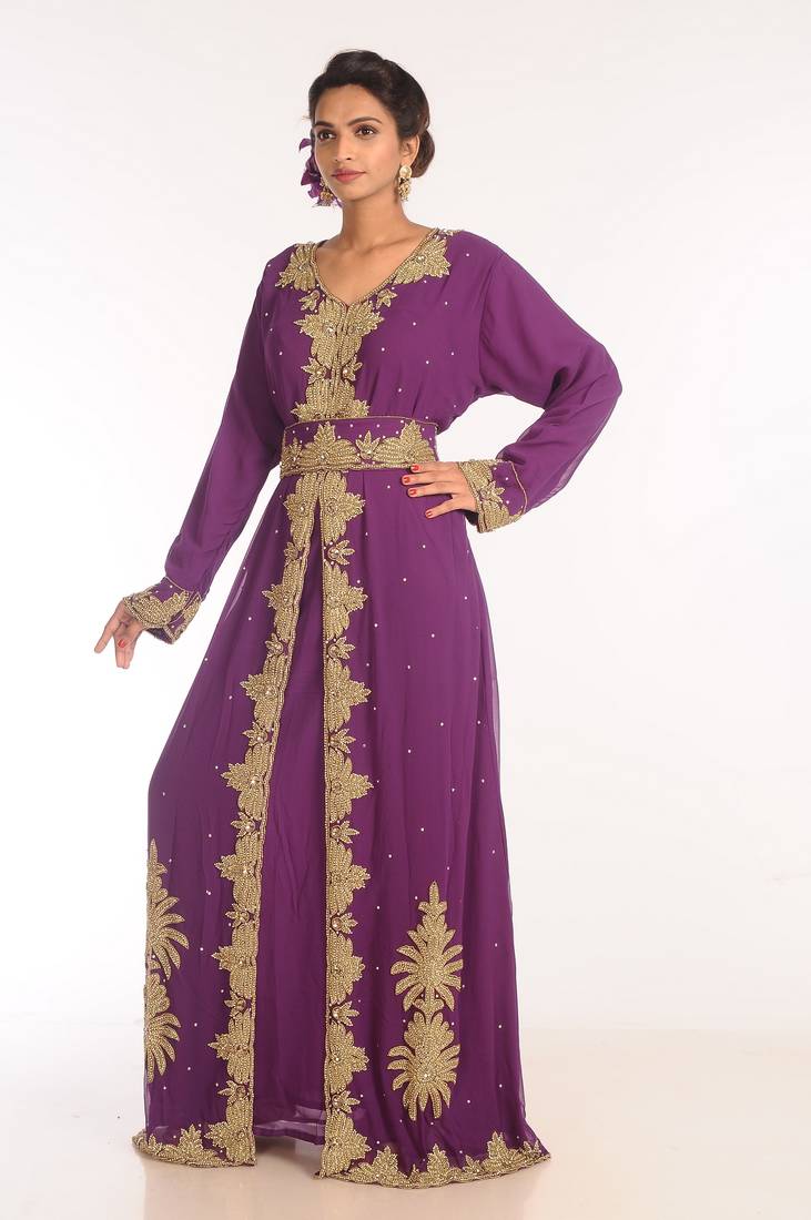 Purple Embroidered Georgette Islamic Kaftans With Zari Work