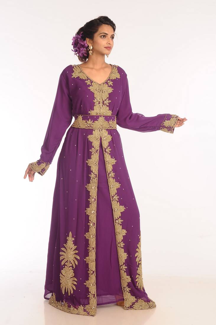 Purple Embroidered Georgette Islamic Kaftans With Zari Work