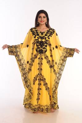 Yellow Embroidered Georgette Islamic Kaftans With Zari Work 1