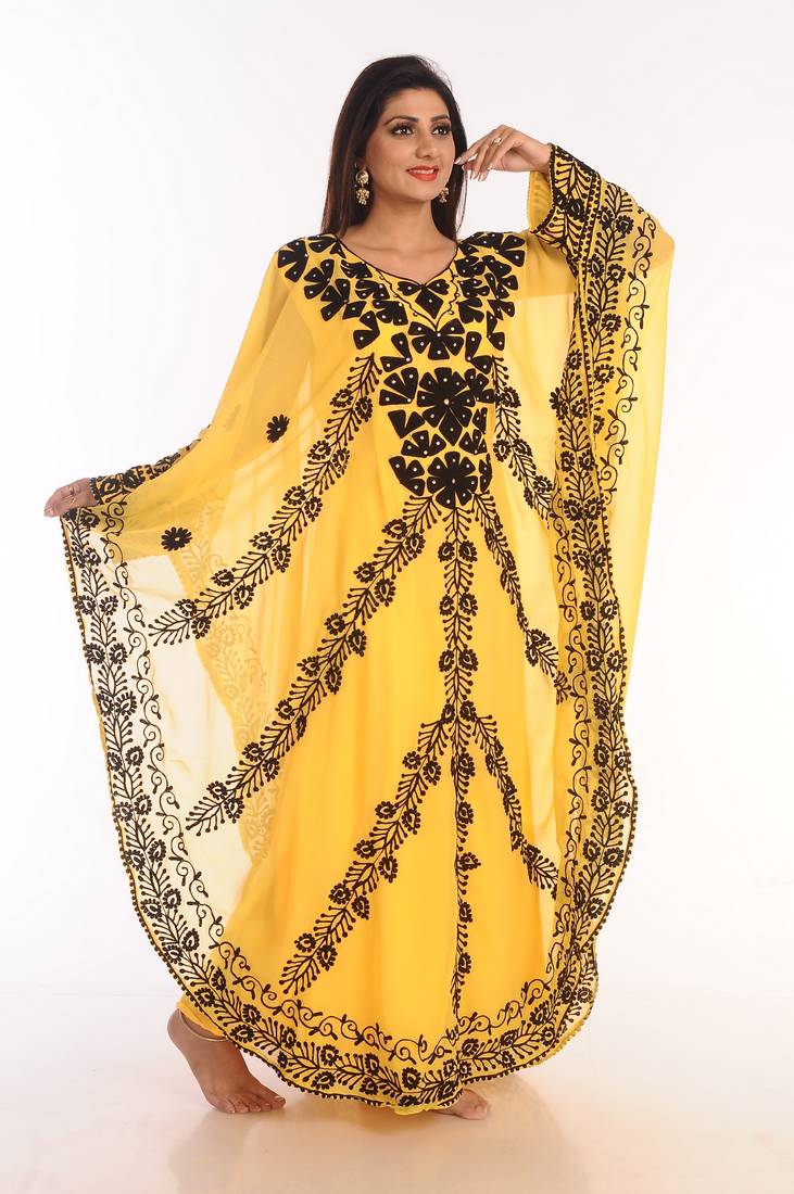 Yellow Embroidered Georgette Islamic Kaftans With Zari Work