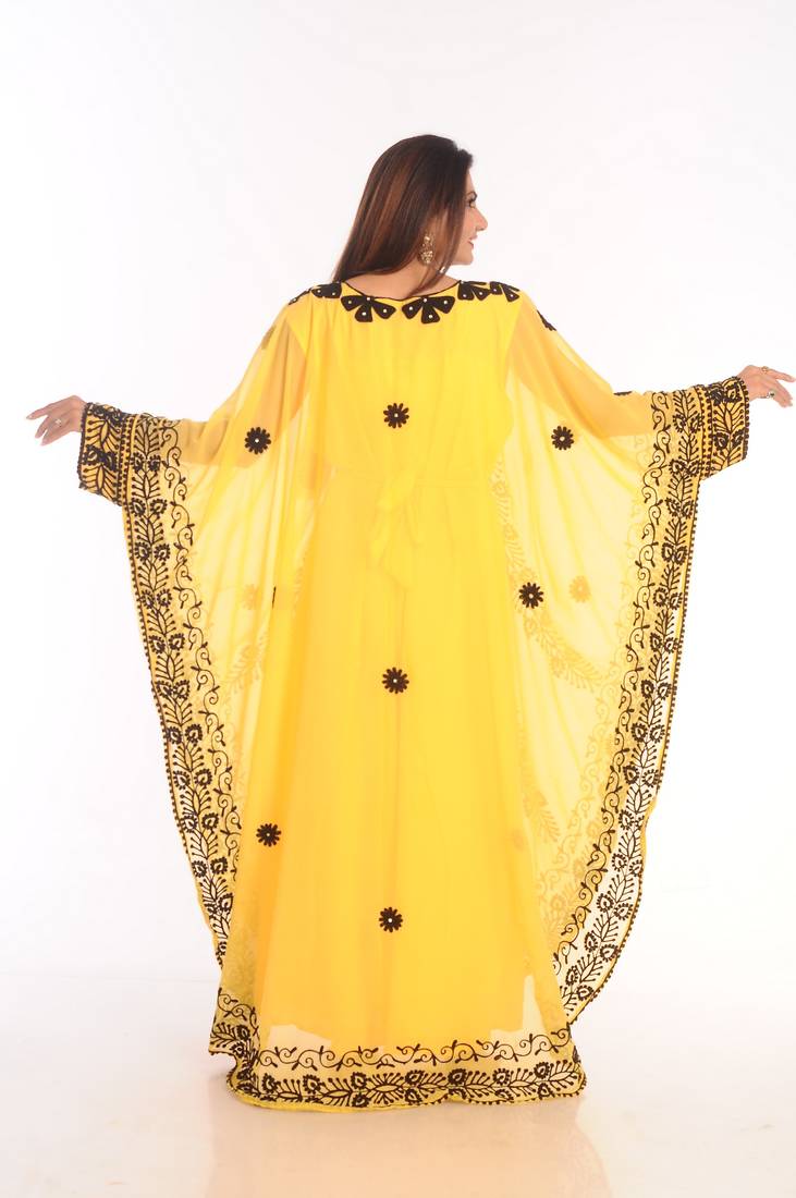 Yellow Embroidered Georgette Islamic Kaftans With Zari Work