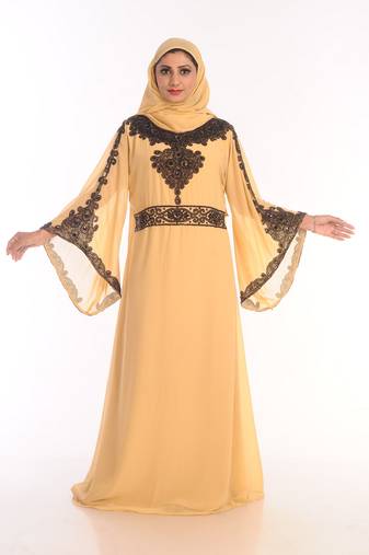 Beige Embroidered Georgette Islamic Kaftans With Zari Work