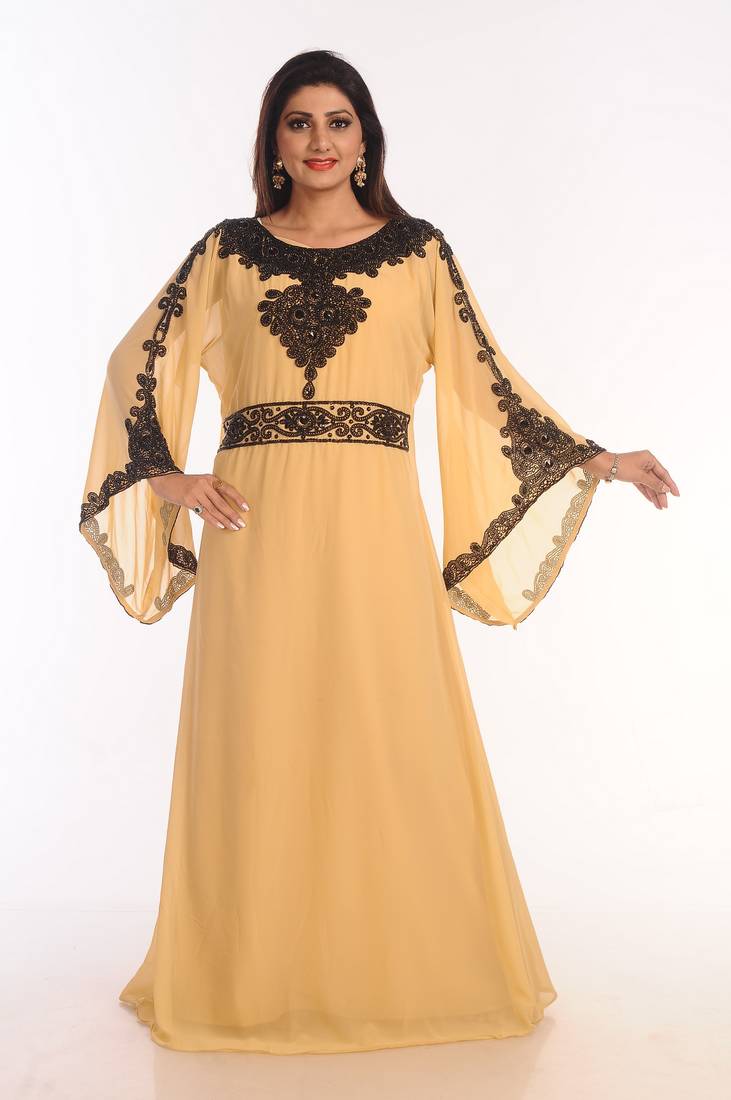 Beige Embroidered Georgette Islamic Kaftans With Zari Work