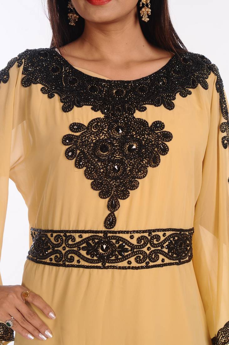 Beige Embroidered Georgette Islamic Kaftans With Zari Work