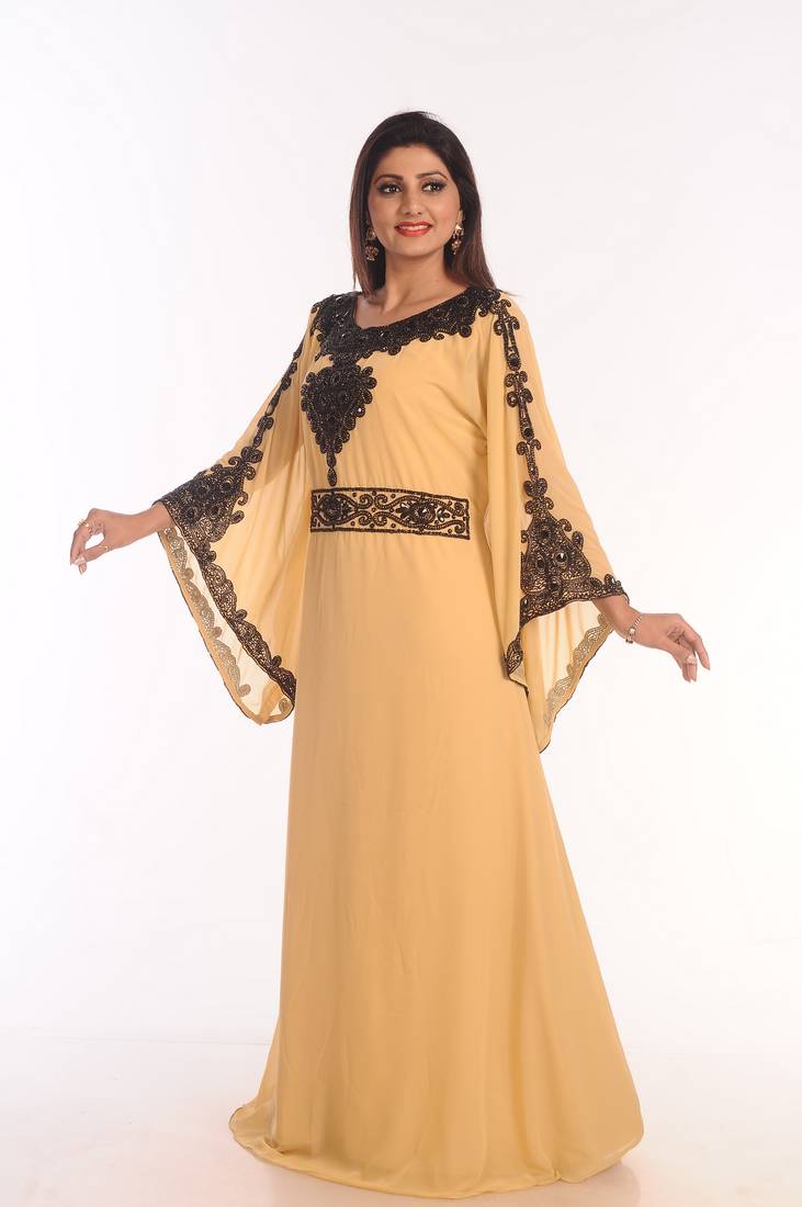 Beige Embroidered Georgette Islamic Kaftans With Zari Work
