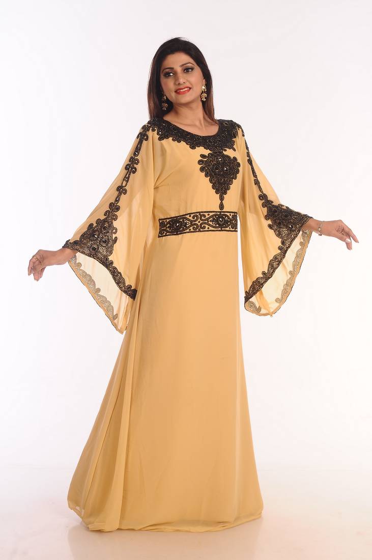 Beige Embroidered Georgette Islamic Kaftans With Zari Work