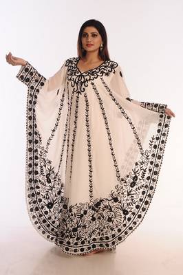Off White Embroidered Georgette Islamic Kaftans With Zari Work 2