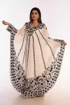 Off White Embroidered Georgette Islamic Kaftans With Zari Work