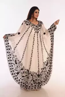 Off White Embroidered Georgette Islamic Kaftans With Zari Work