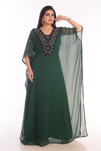 Bottle Green Embroidered Georgette Islamic Kaftans With Zari Work