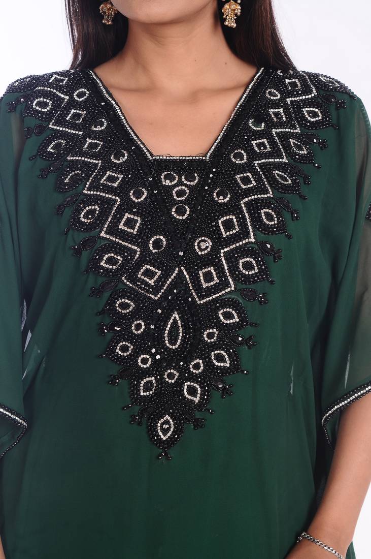 Bottle Green Embroidered Georgette Islamic Kaftans With Zari Work