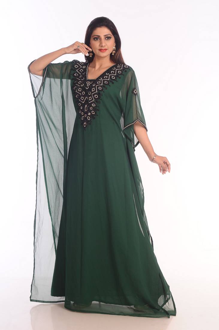 Bottle Green Embroidered Georgette Islamic Kaftans With Zari Work