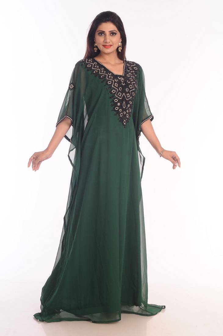 Bottle Green Embroidered Georgette Islamic Kaftans With Zari Work