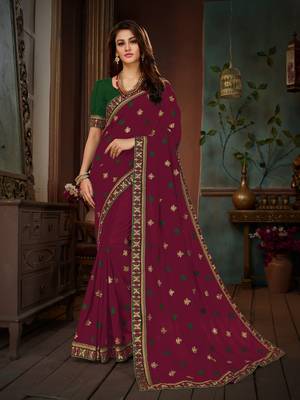 Magenta embroidered cotton silk saree with blouse 1