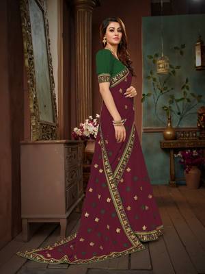 Magenta embroidered cotton silk saree with blouse 4