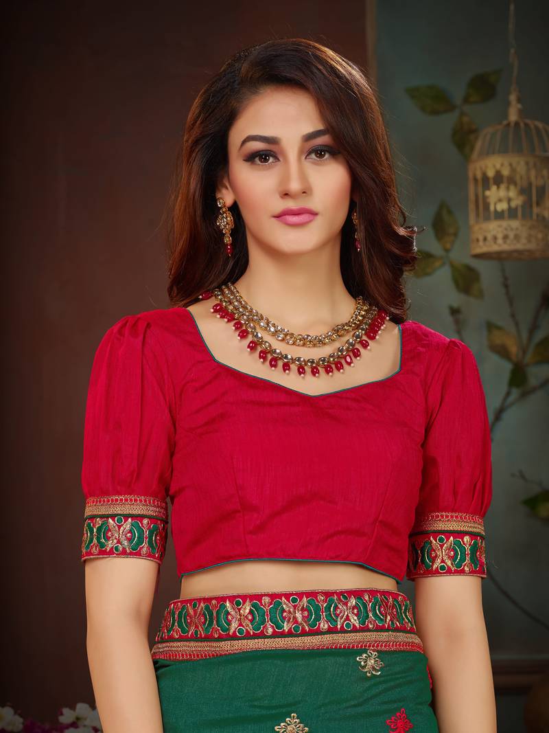 Green embroidered cotton silk saree with blouse MANOHARI 2738413