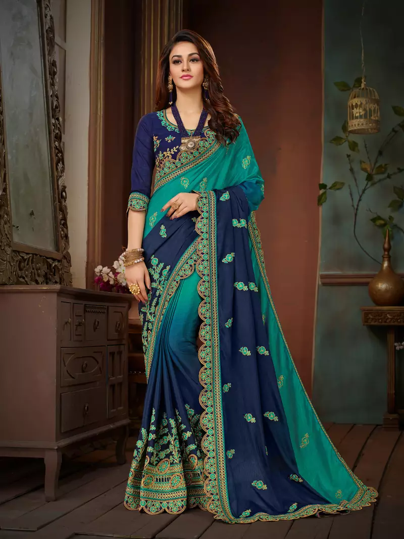 Blue embroidered chiffon saree with blouse
