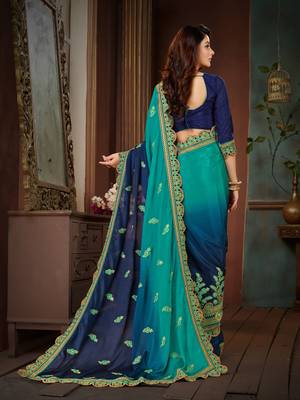 Blue Embroidered Chiffon Saree With Blouse 3