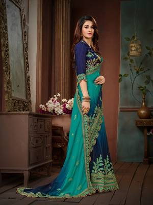 Blue Embroidered Chiffon Saree With Blouse 4