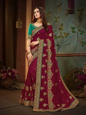 Magenta embroidered cotton silk saree with blouse 1