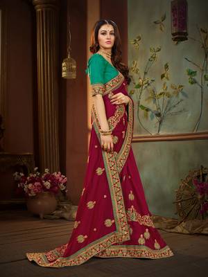 Magenta embroidered cotton silk saree with blouse 4