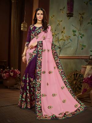 Pink embroidered cotton silk saree with blouse 1