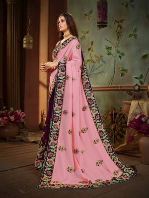 Pink embroidered cotton silk saree with blouse 2