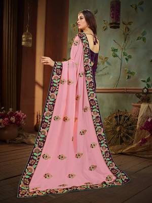 Pink embroidered cotton silk saree with blouse 3