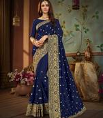 Blue embroidered cotton silk saree with blouse