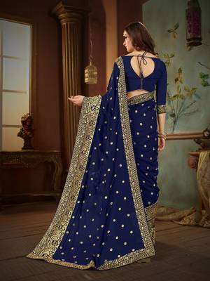 Blue embroidered cotton silk saree with blouse 3