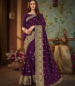 Purple embroidered cotton silk saree with blouse