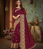Purple embroidered cotton silk saree with blouse