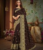 Brown embroidered cotton silk saree with blouse