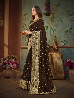 Brown embroidered cotton silk saree with blouse 2