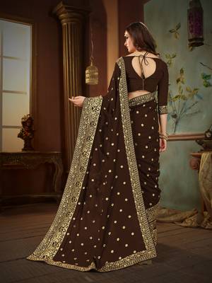 Brown embroidered cotton silk saree with blouse 3