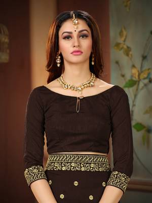 Brown embroidered cotton silk saree with blouse 5