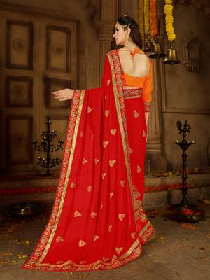 Red embroidered georgette saree with blouse 3