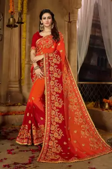 Orange embroidered georgette saree with blouse