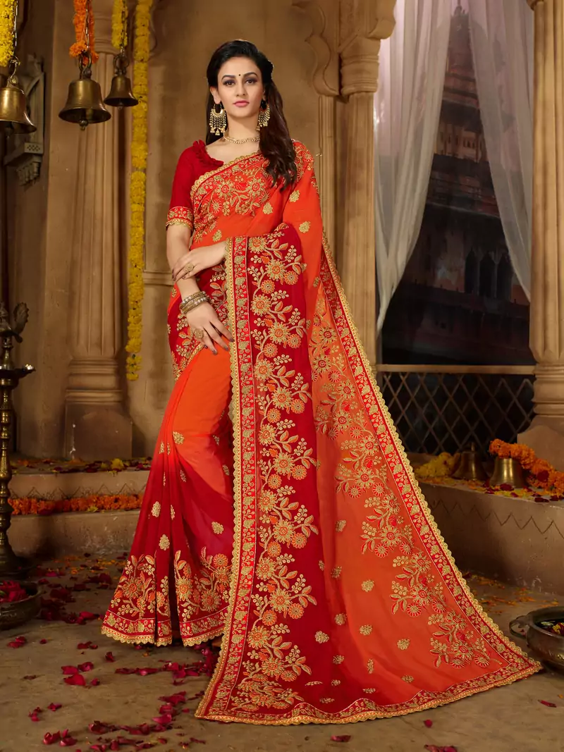 Orange embroidered georgette saree with blouse