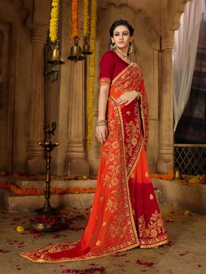 Orange embroidered georgette saree with blouse 4