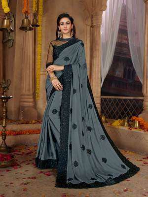 Grey embroidered cotton silk saree with blouse 1