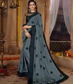 Grey embroidered cotton silk saree with blouse