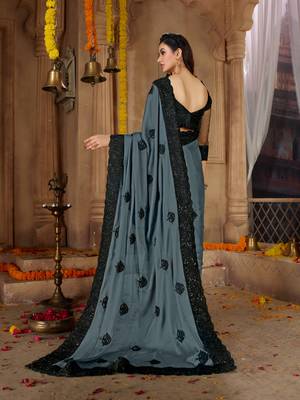 Grey embroidered cotton silk saree with blouse 3