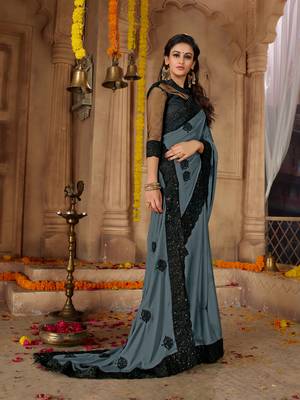 Grey embroidered cotton silk saree with blouse 4