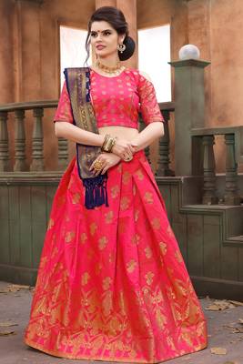 Rani-pink thread embroidery silk semi stitched lehenga with dupatta 1